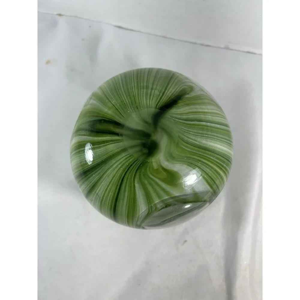 Hand Blown Art Glass Candle Holder Green White Swirl Gold Glitter 7” Tealight